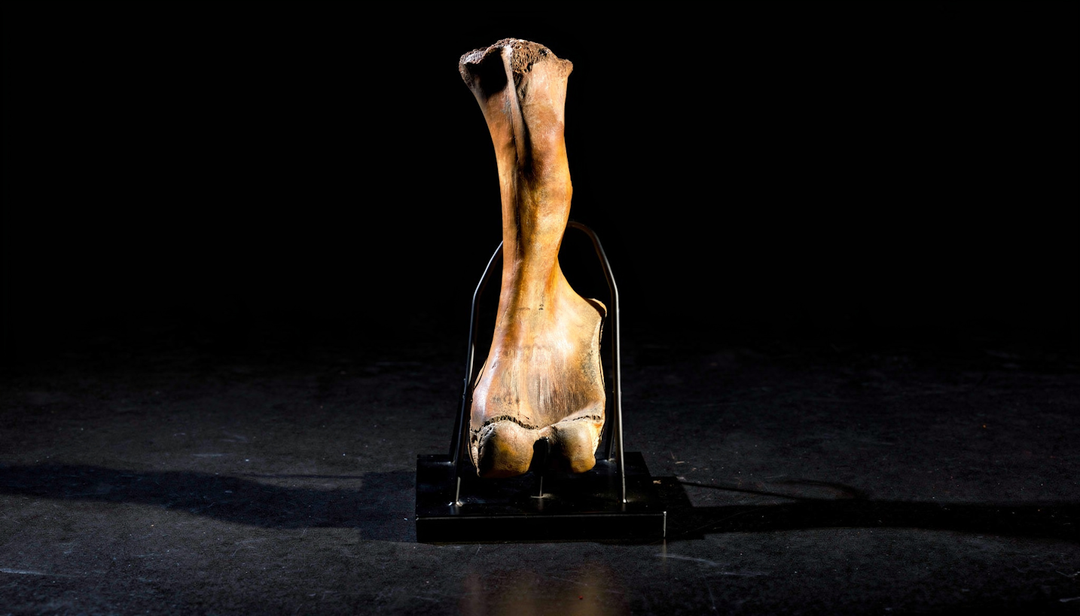 A Terra Ossa fossilized Mammuthus sp. (mammoth) humerus (upper arm bone) standing vertically on a black display base with a metal support brace.